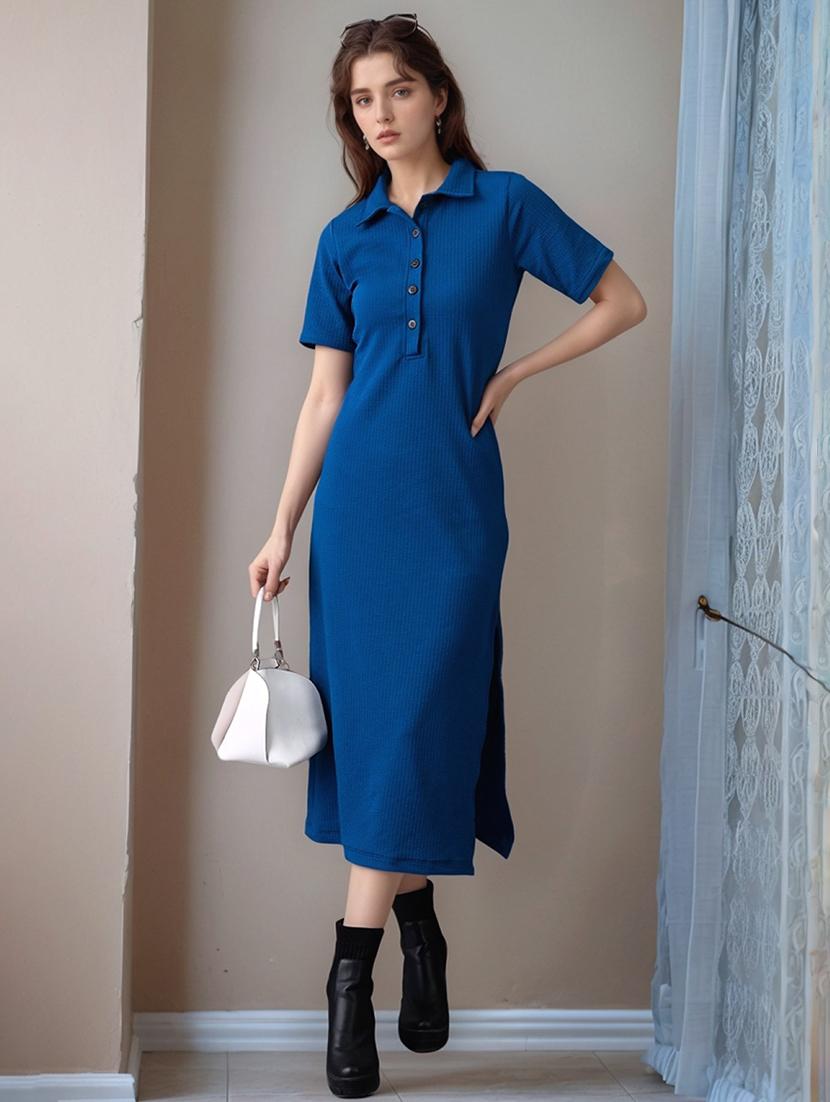 women solid short sleeve collared straight dress - 22017549 - Zoom Image - 0