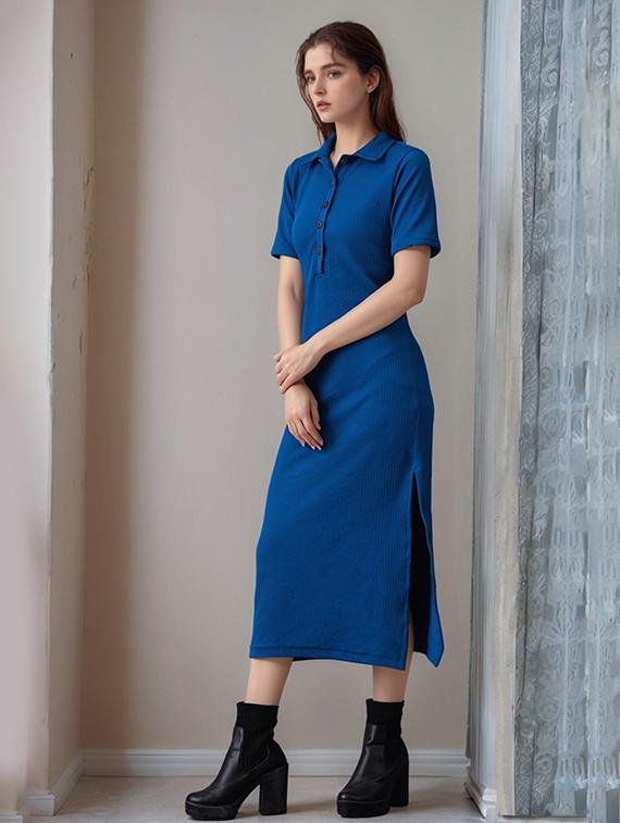 women solid short sleeve collared straight dress - 22017549 - Standard Image - 2