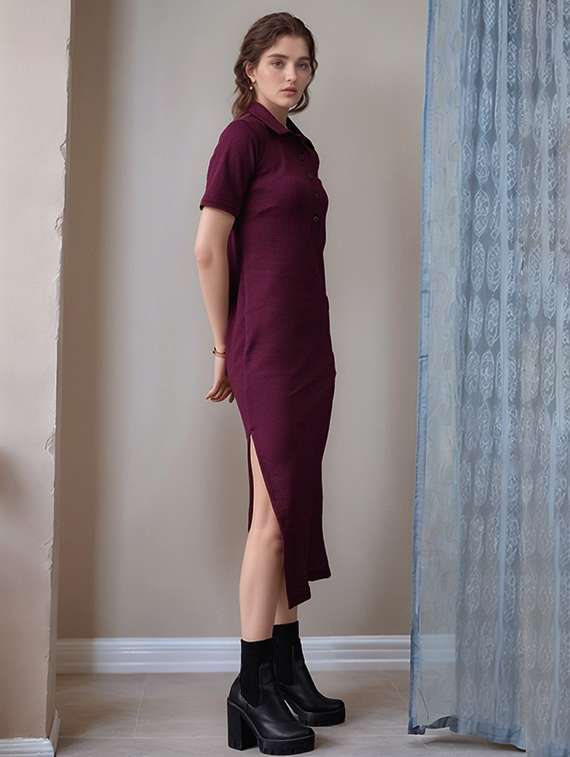 women solid short sleeve collared straight dress - 22017550 - Standard Image - 2