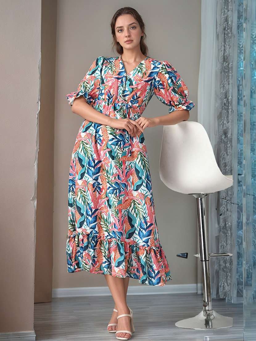 women printed puff sleeve tiered dress