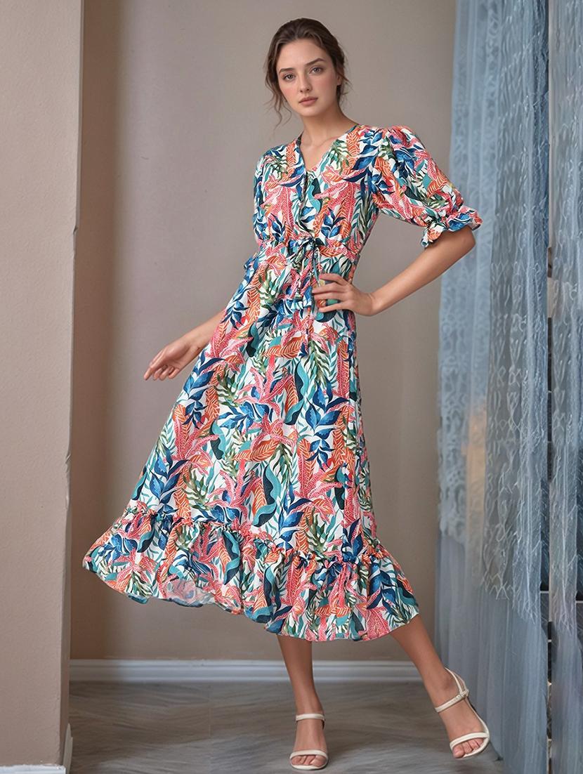 women printed puff sleeve tiered dress - 22017553 - Standard Image - 2