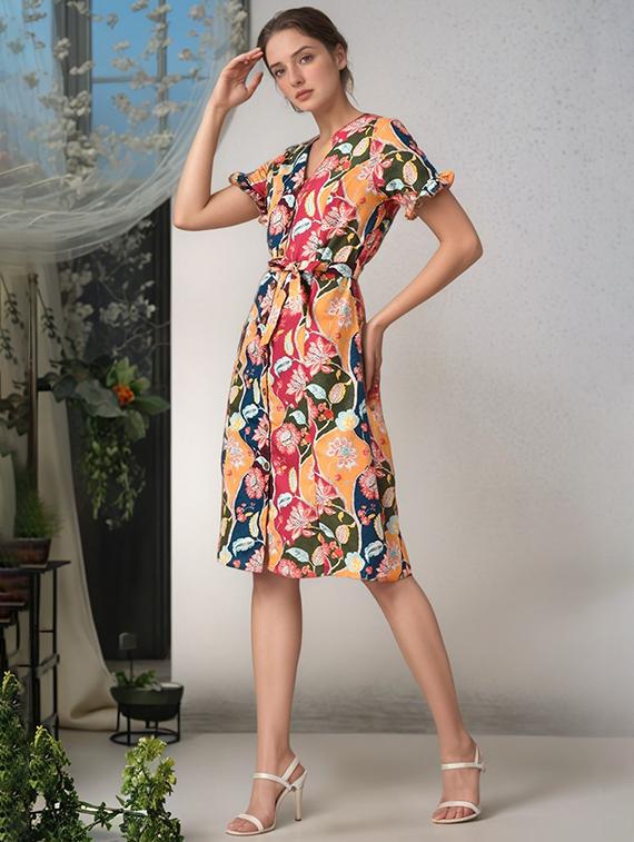 women printed puff sleeve a-line dress - 22017554 - Standard Image - 2