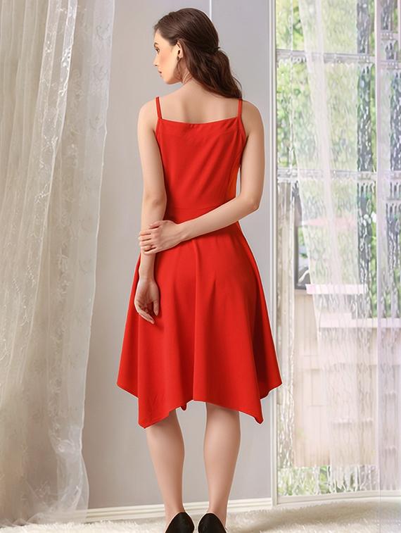 women solid shoulder strap asymmetric dress - 22017557 - Standard Image - 2