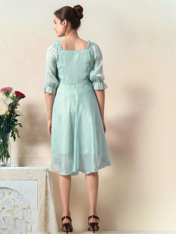 women solid puff sleeve a-line dress - 22017559 - Standard Image - 2