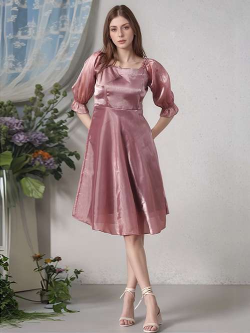women solid puff sleeve a-line dress - 22017561 -  Standard Image - 0
