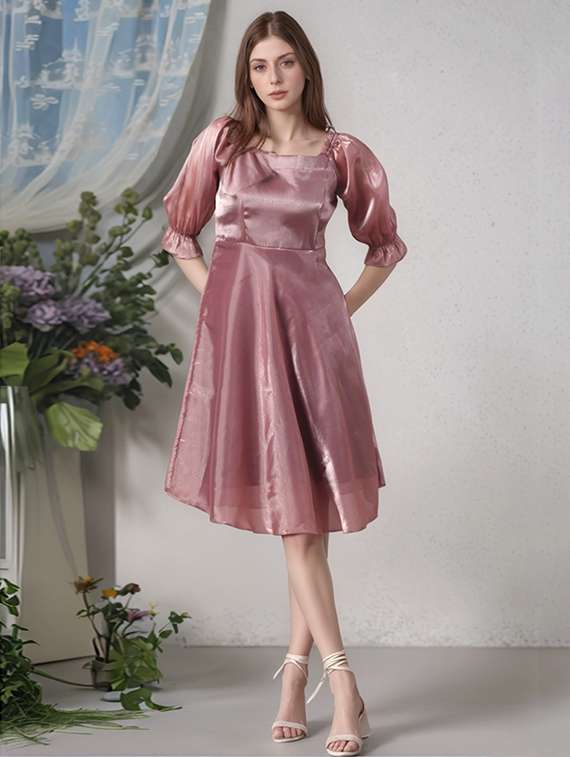 women solid puff sleeve a-line dress - 22017561 -  Zoom Image - 0