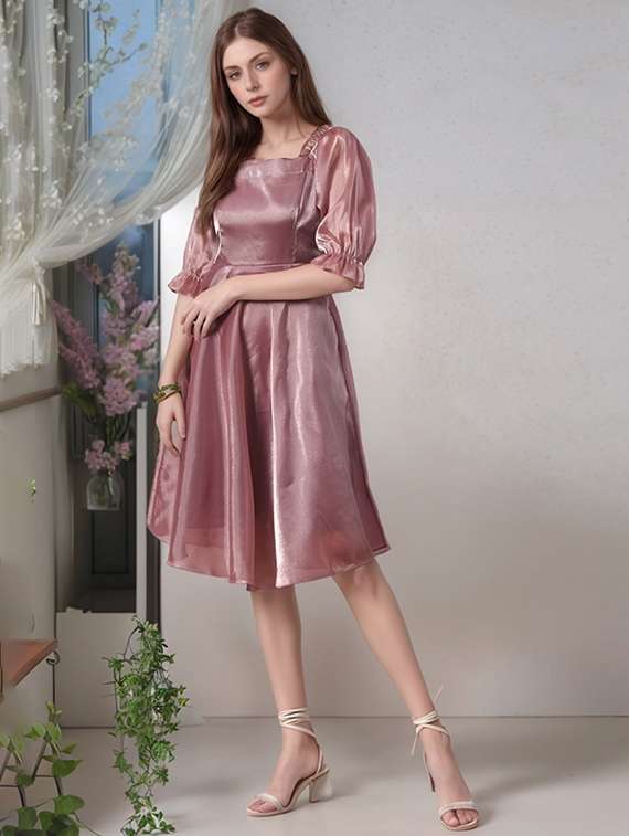 women solid puff sleeve a-line dress - 22017561 - Standard Image - 2