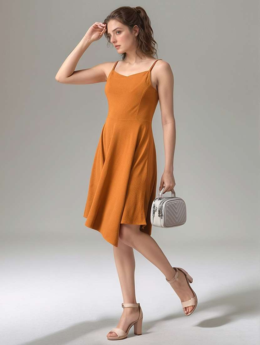 women solid shoulder strap asymmetric dress