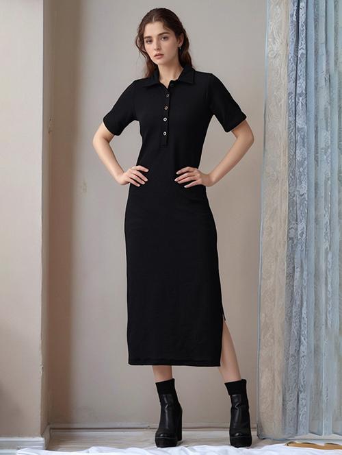 women solid shor sleeve collared straight dress - 22017570 - Standard Image - 0