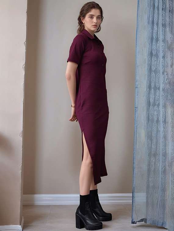 women solid shor sleeve collared straight dress - 22017574 -  Zoom Image - 0