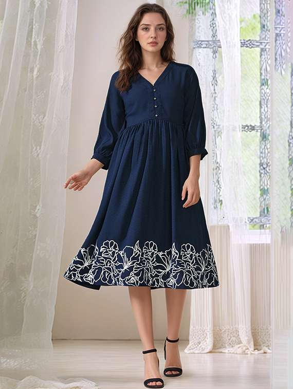 women embroidered three quarter sleeve fit & flare dress