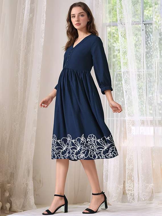 women embroidered three quarter sleeve fit & flare dress - 22017575 -  Standard Image - 2