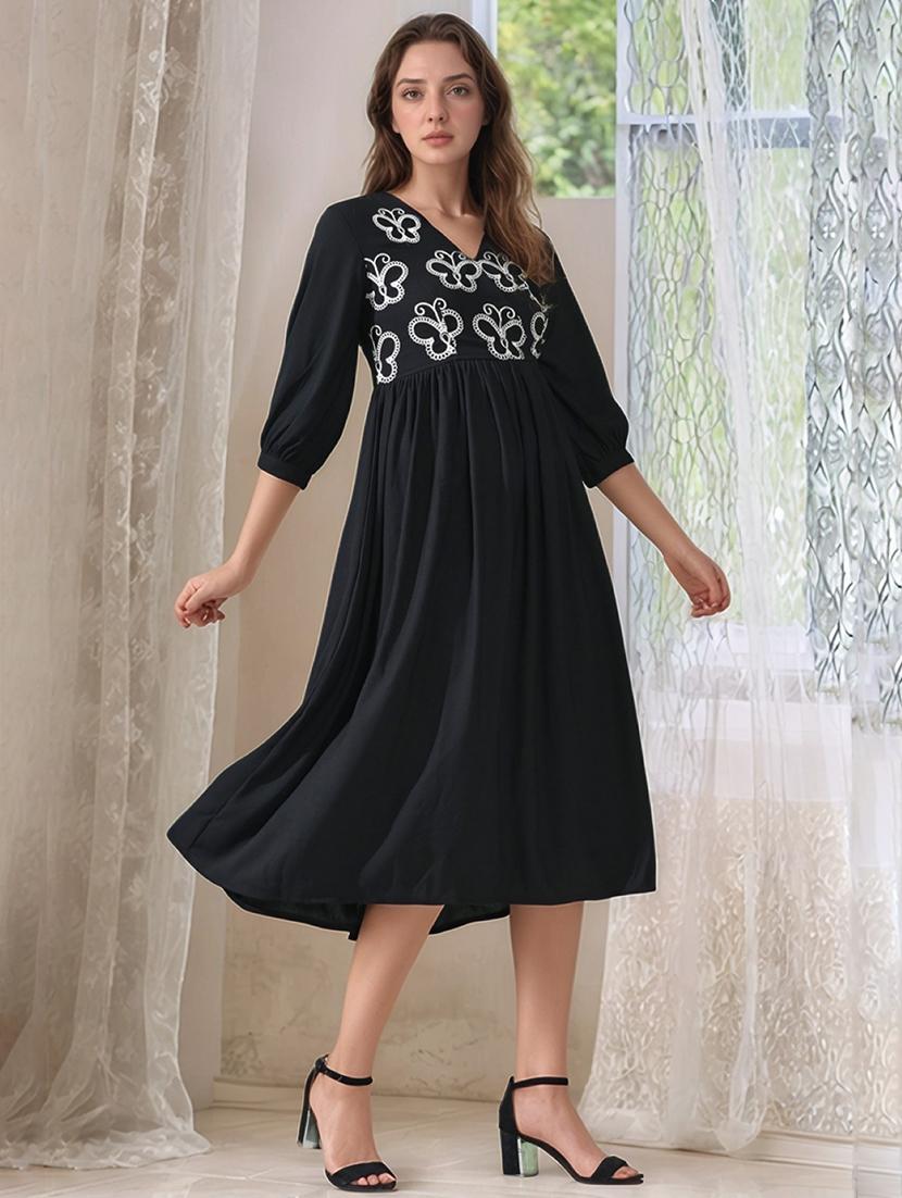women embroidered three quarter sleeve fit & flare dress - 22017576 -  Zoom Image - 0