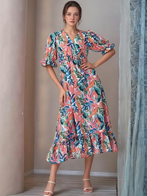 women printed puff sleeve tiered dress - 22017577 - Standard Image - 0