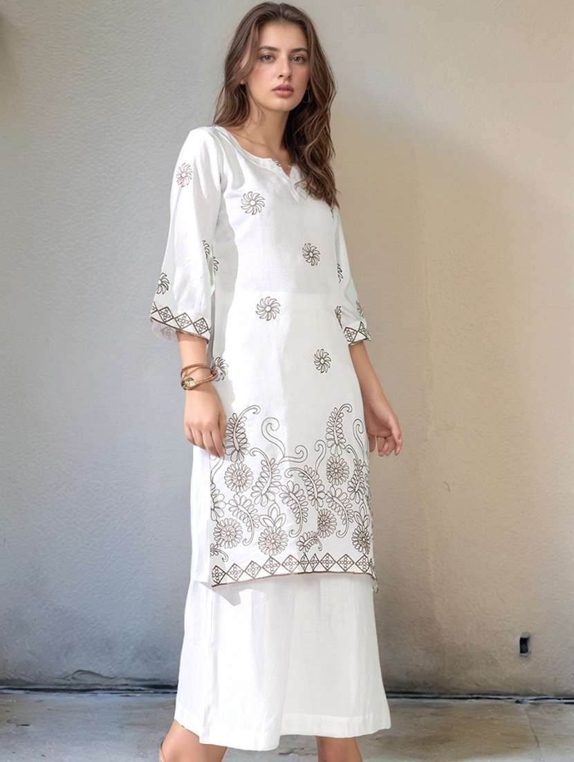 women embroidered three quarter sleeve kurta and palazzo set - 22017583 -  Standard Image - 2