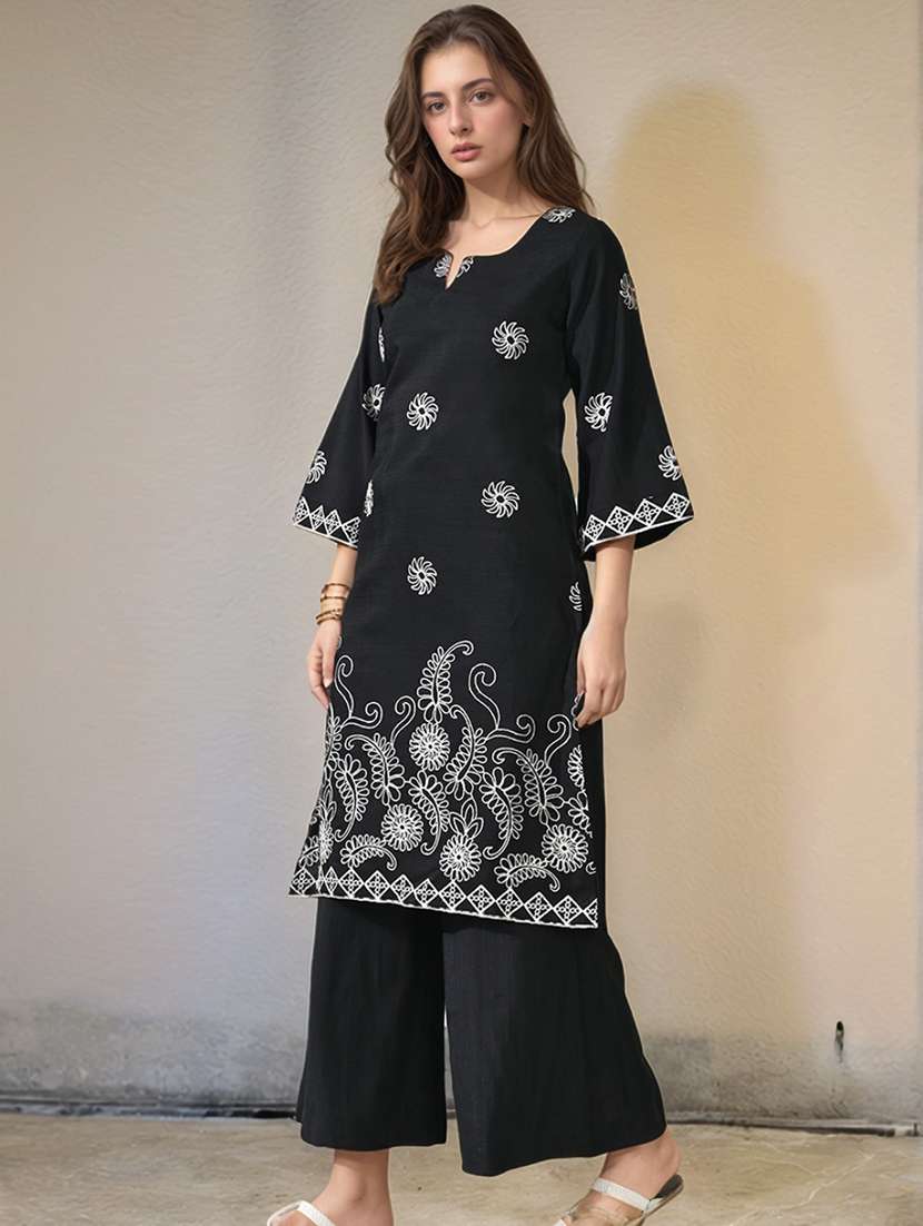 women embroidered three quarter sleeve kurta and palazzo set - 22017584 -  Standard Image - 2
