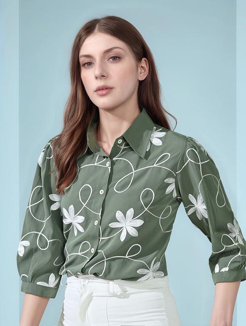 women embroidered puff sleeve collared shirt top - 22017589 -  Standard Image - 0