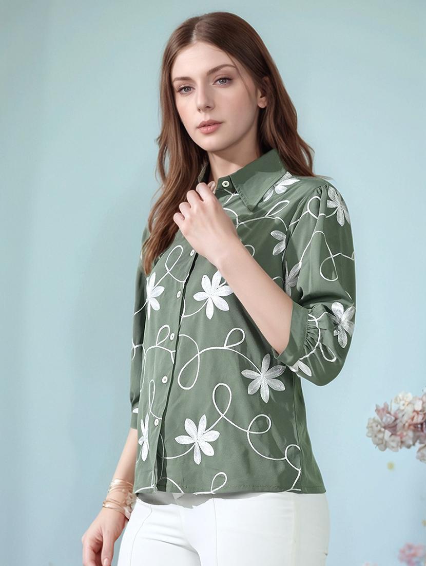 women embroidered puff sleeve collared shirt top - 22017589 - Standard Image - 2