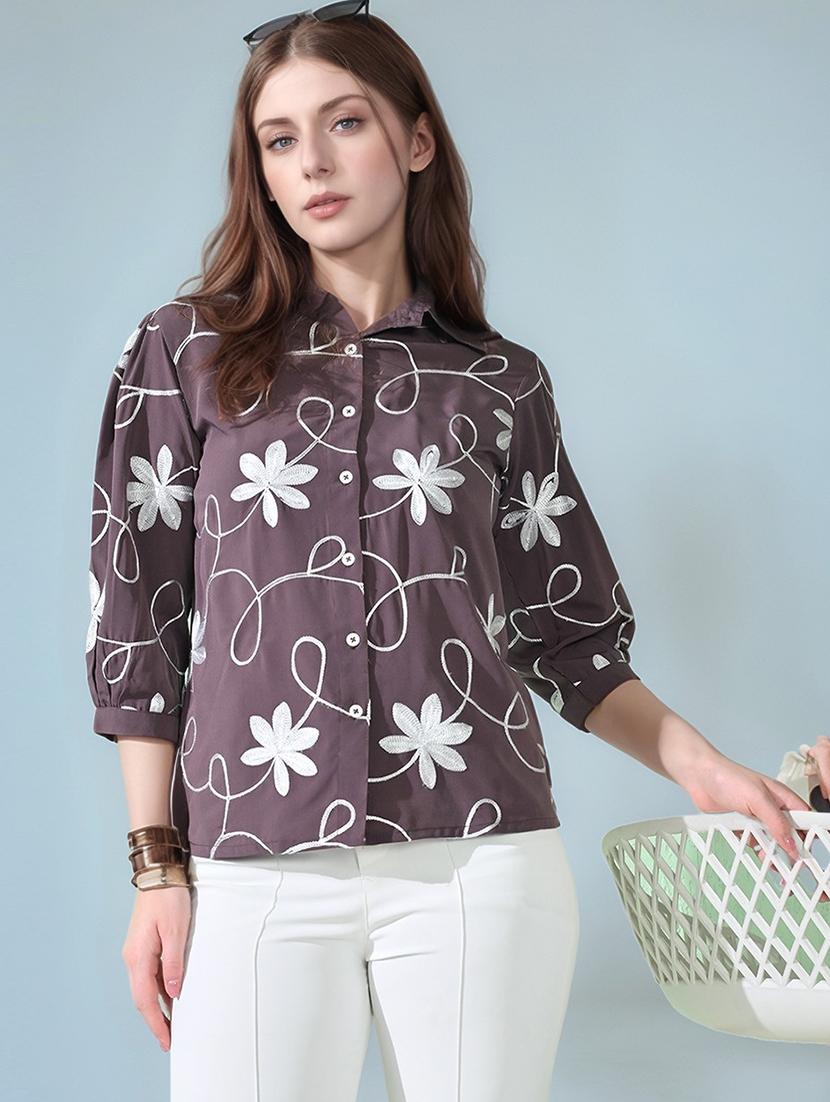 women embroidered puff sleeve collared shirt top - 22017590 - Zoom Image - 0