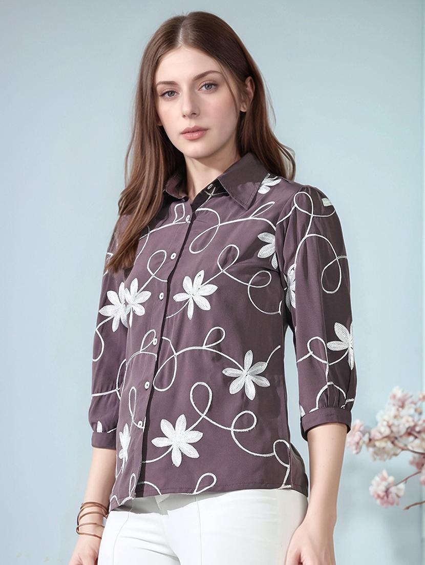 women embroidered puff sleeve collared shirt top - 22017590 - Standard Image - 2