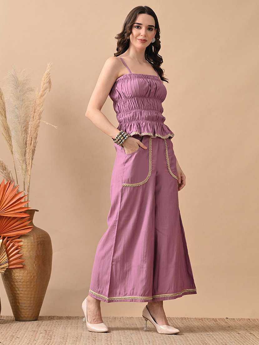 women solid top and trouser co-ord set - 22017602 - Standard Image - 2