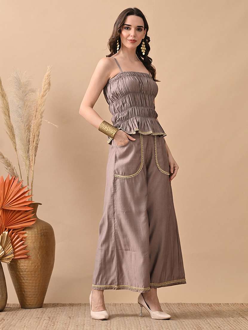 women solid top and trouser co-ord set - 22017603 - Standard Image - 2