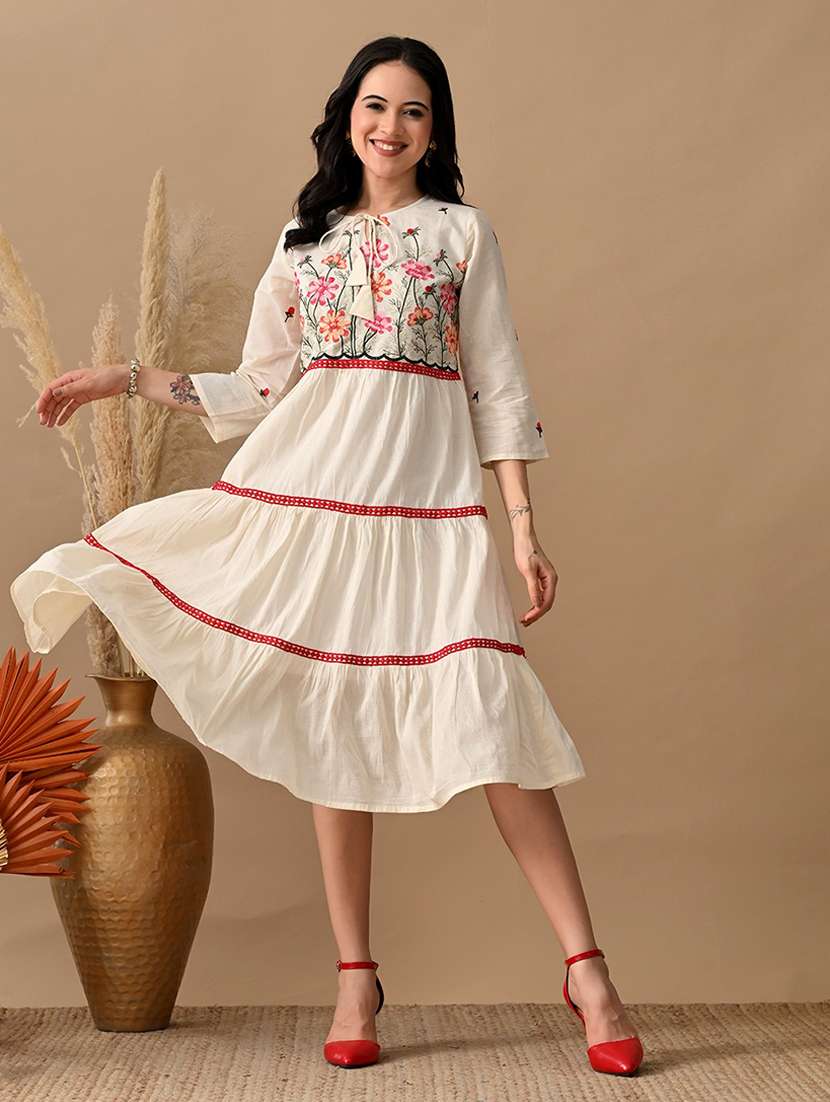 women embroidered tie-up neck tiered dress