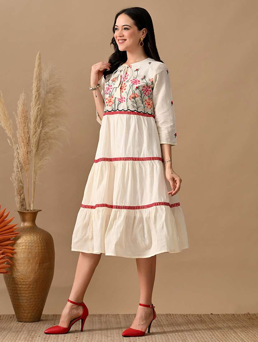 women embroidered tie-up neck tiered dress - 22017610 -  Standard Image - 2