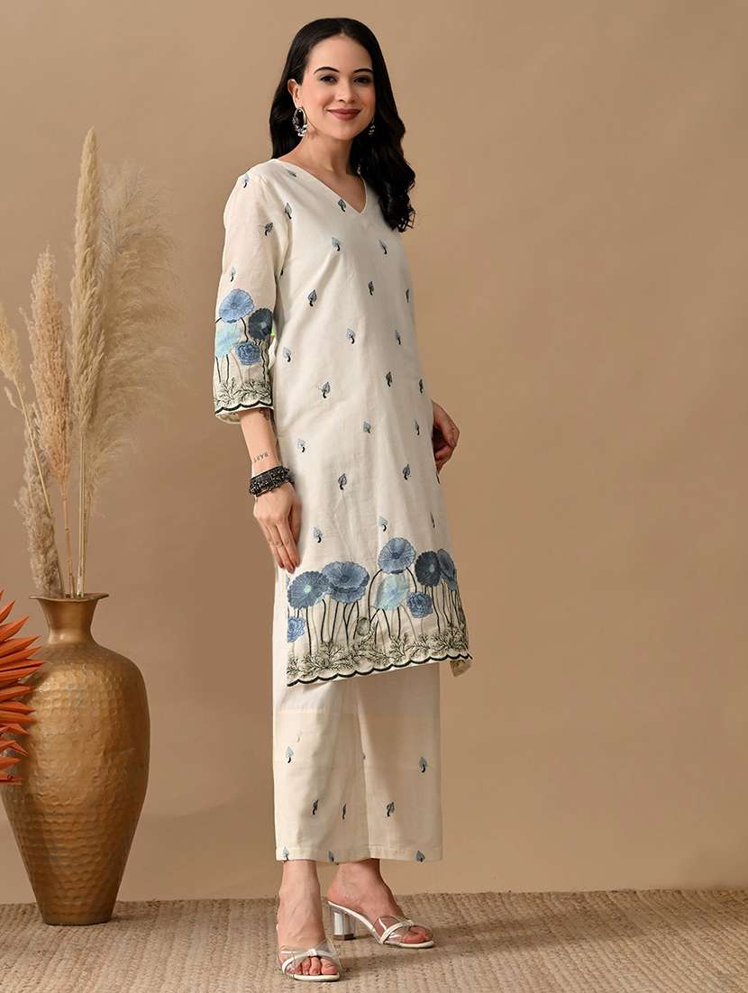 women embroidered three quarter sleeve kurta and pant set - 22017621 - Standard Image - 2