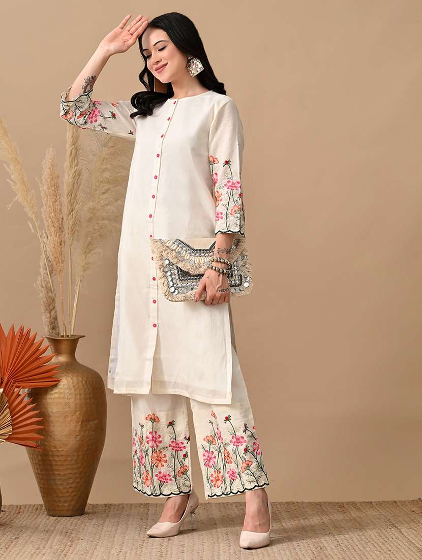 women embroidered three quarter sleeve kurta and pant set