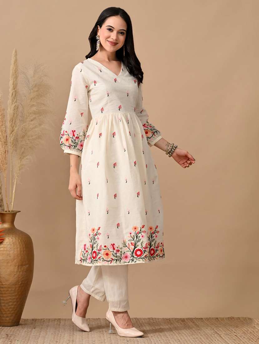 women embroidered three quarter sleeve kurta and pant set - 22017624 - Standard Image - 2