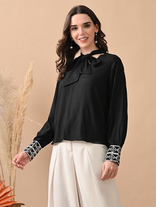 women black embroidered puff sleeve regular top - 22017633 -  Standard Image - 0