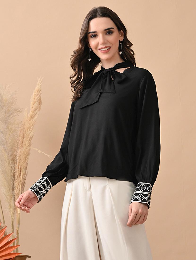 women black embroidered puff sleeve regular top - 22017633 -  Zoom Image - 0