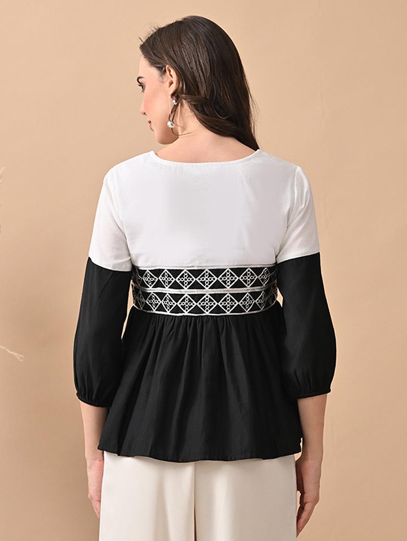 women color blocked puff sleeve flared top - 22017634 - Standard Image - 2