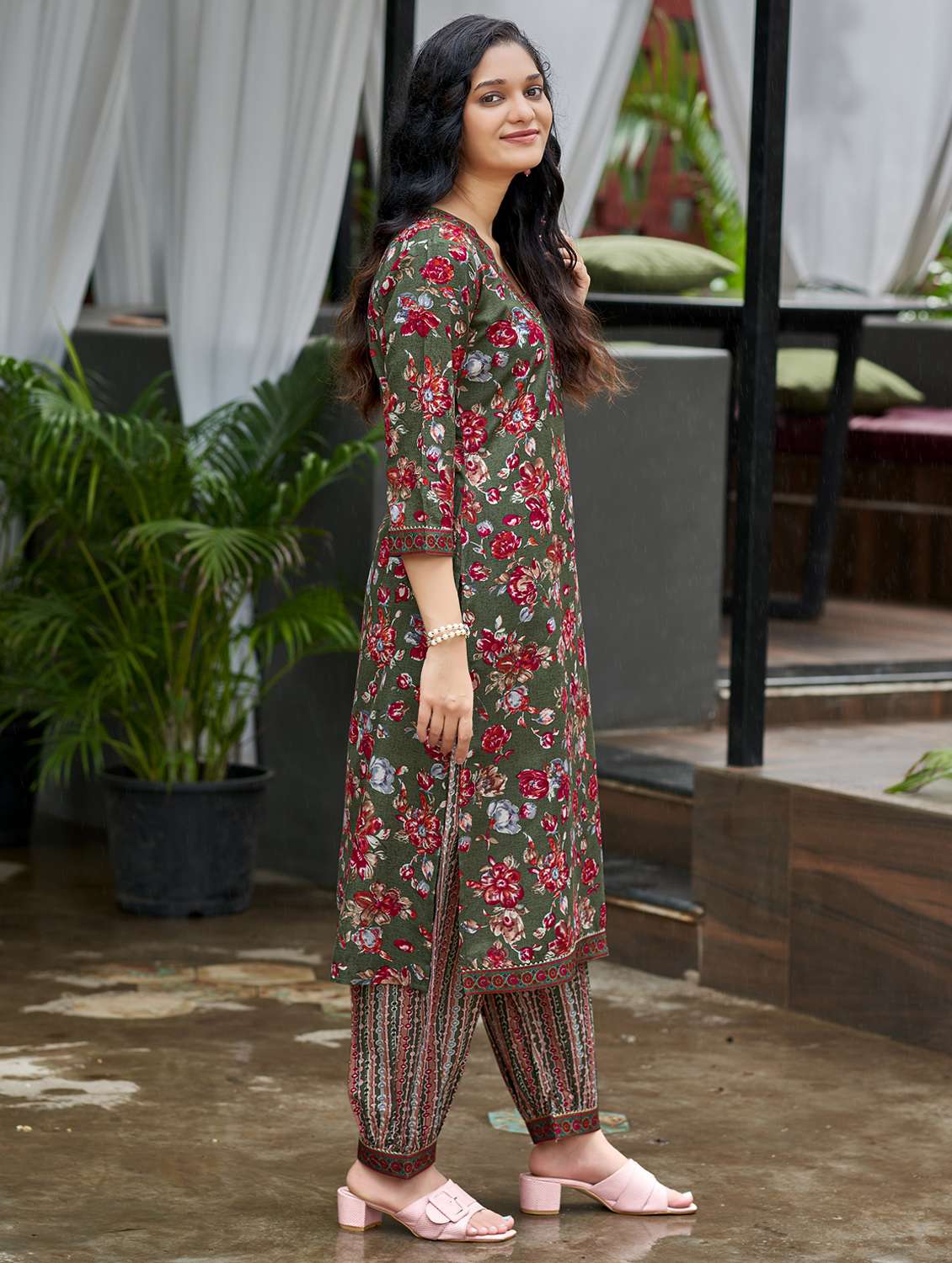 women printed three quarter sleeve kurta and salwar set - 22017849 - Standard Image - 2