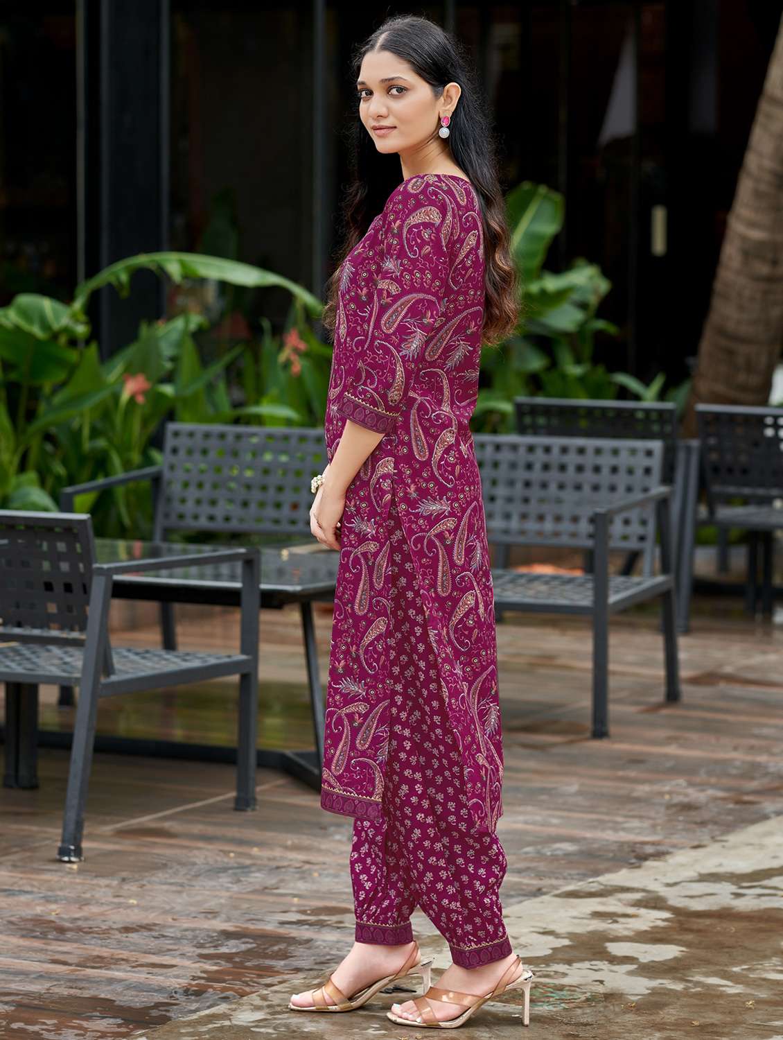 women printed three quarter sleeve kurta and salwar set - 22017850 -  Standard Image - 2