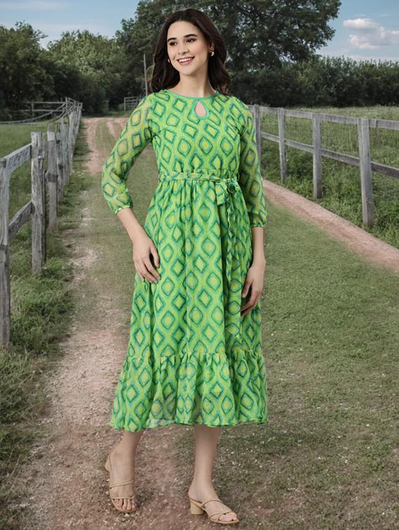 women printed puff sleeve tiered dress - 22017855 - Standard Image - 2