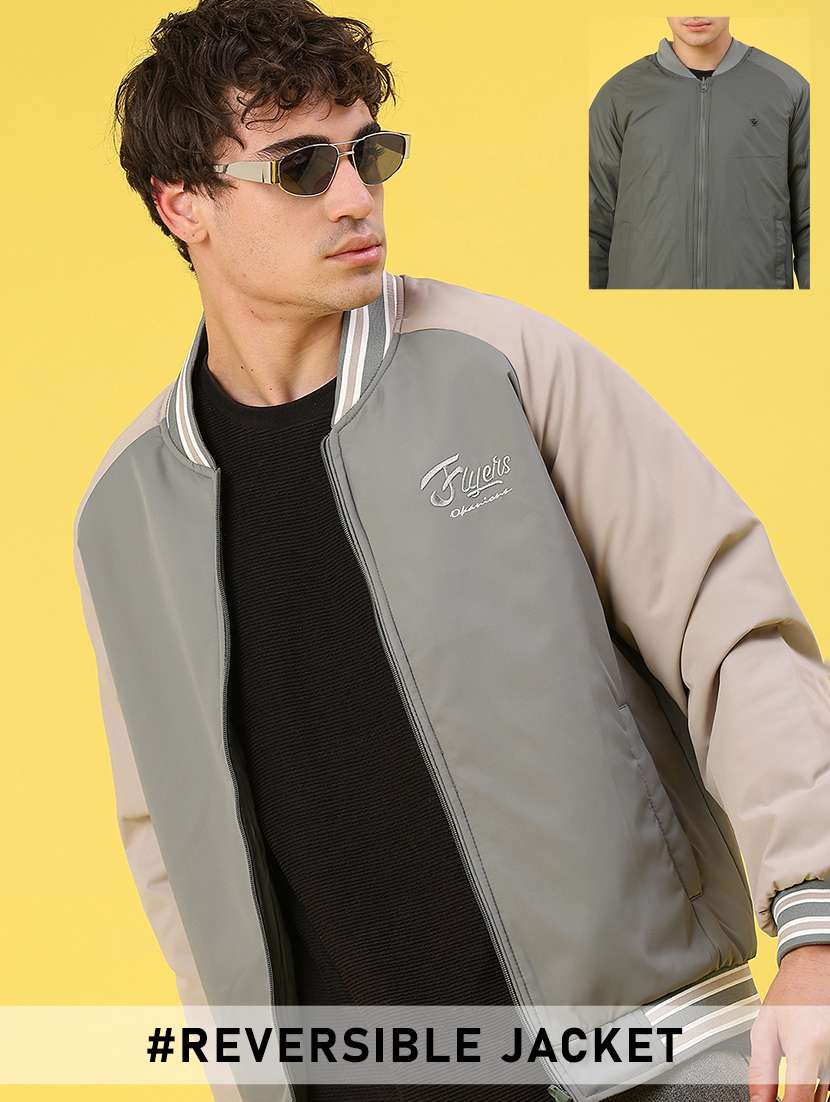 men color blocked long sleeve reversible bomber jacket