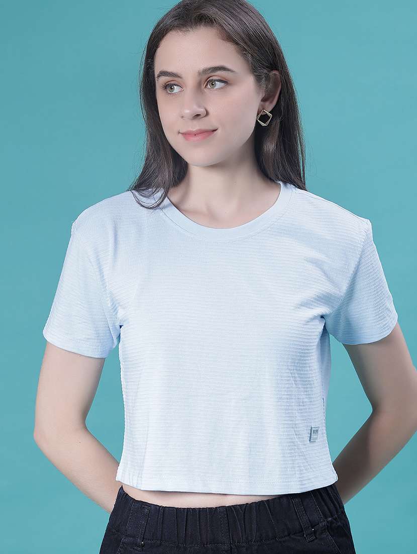 women solid short sleeve crop t-shirt