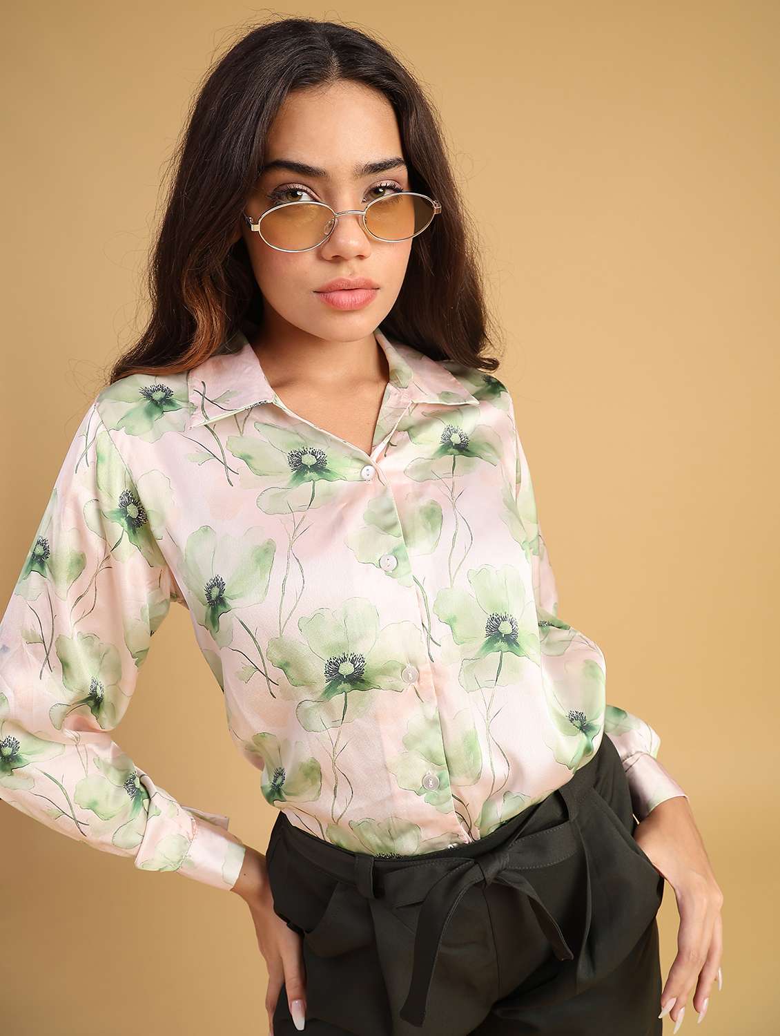 women printed collared long sleeve regular shirt