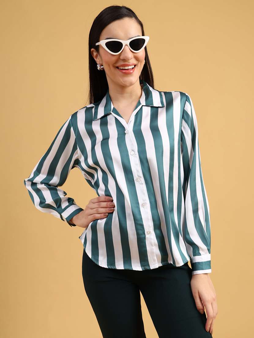 women striped long sleeve collared regular shirt
