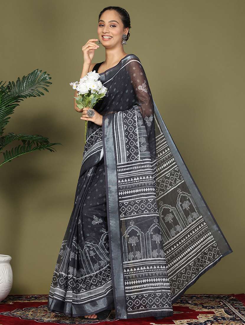 black cotton blend ready to wear saree with blouse - 22018567 -  Standard Image - 2
