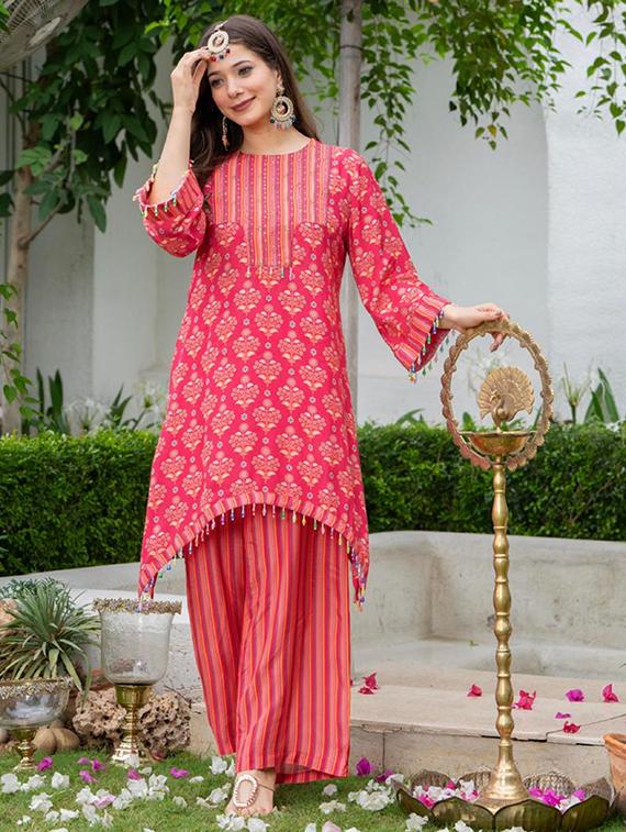 women printed three quarter sleeve kurta palazzo set - 22018880 - Standard Image - 2