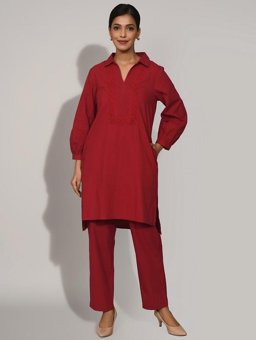 women solid with work long sleeve ethnic co-ord set - 22018895 -  Standard Image - 0