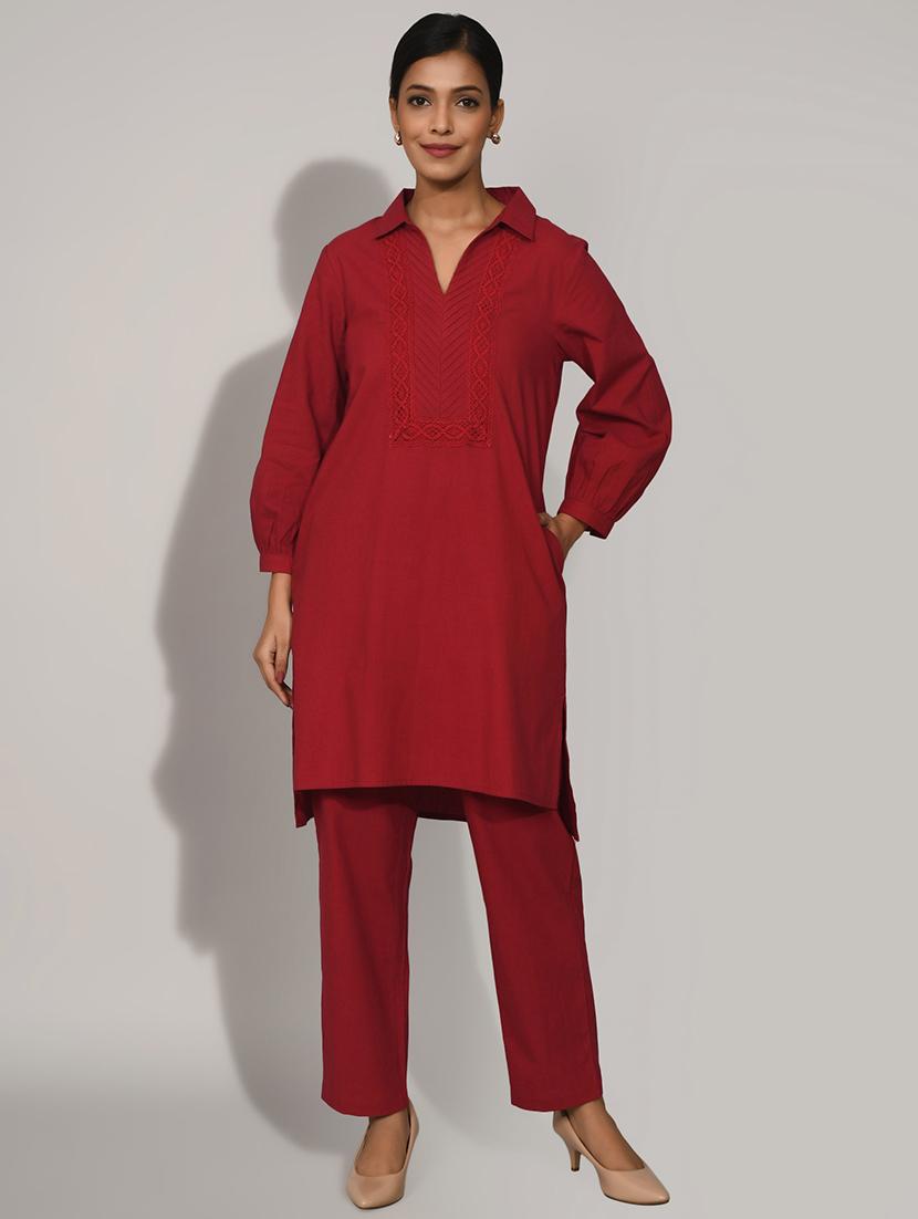 women solid with work long sleeve ethnic co-ord set - 22018895 -  Zoom Image - 0