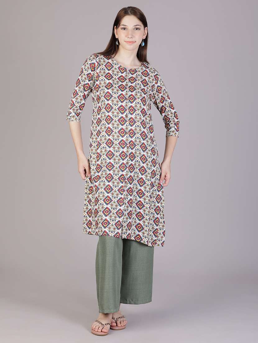 women printed three quarter sleeve a-line kurta