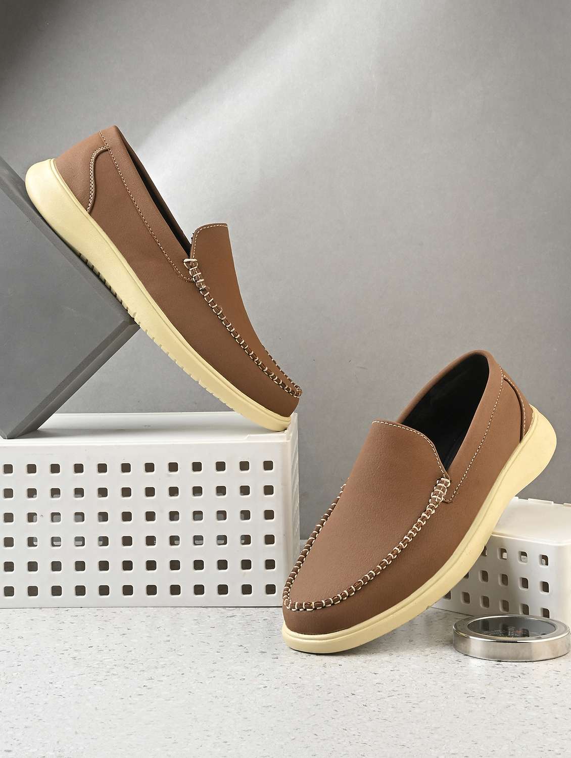 men tan slip on loafer