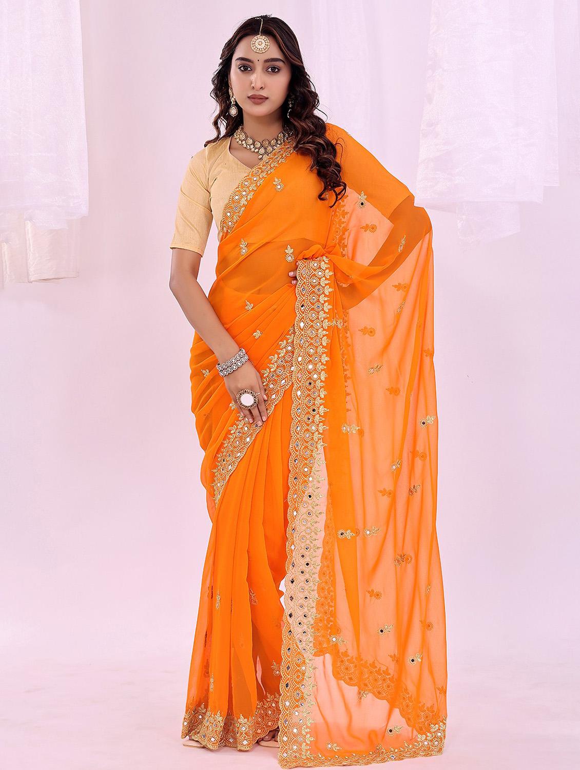 women solid with work embroidered saree with blouse - 22019211 -  Zoom Image - 0