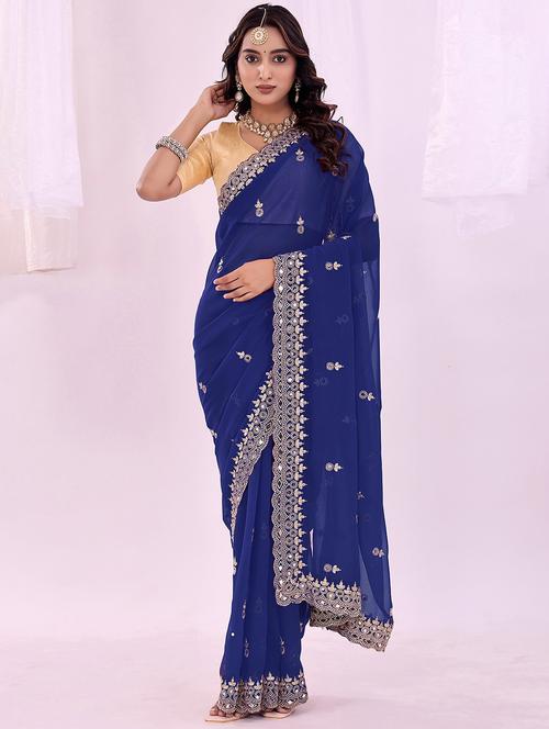 women solid with work embroidered saree with blouse - 22019215 - Standard Image - 0
