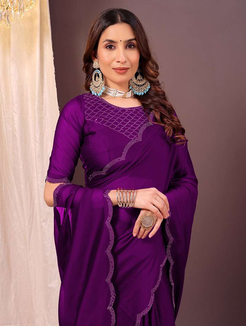women solid with bordered embellished saree with blouse - 22019231 - Standard Image - 2